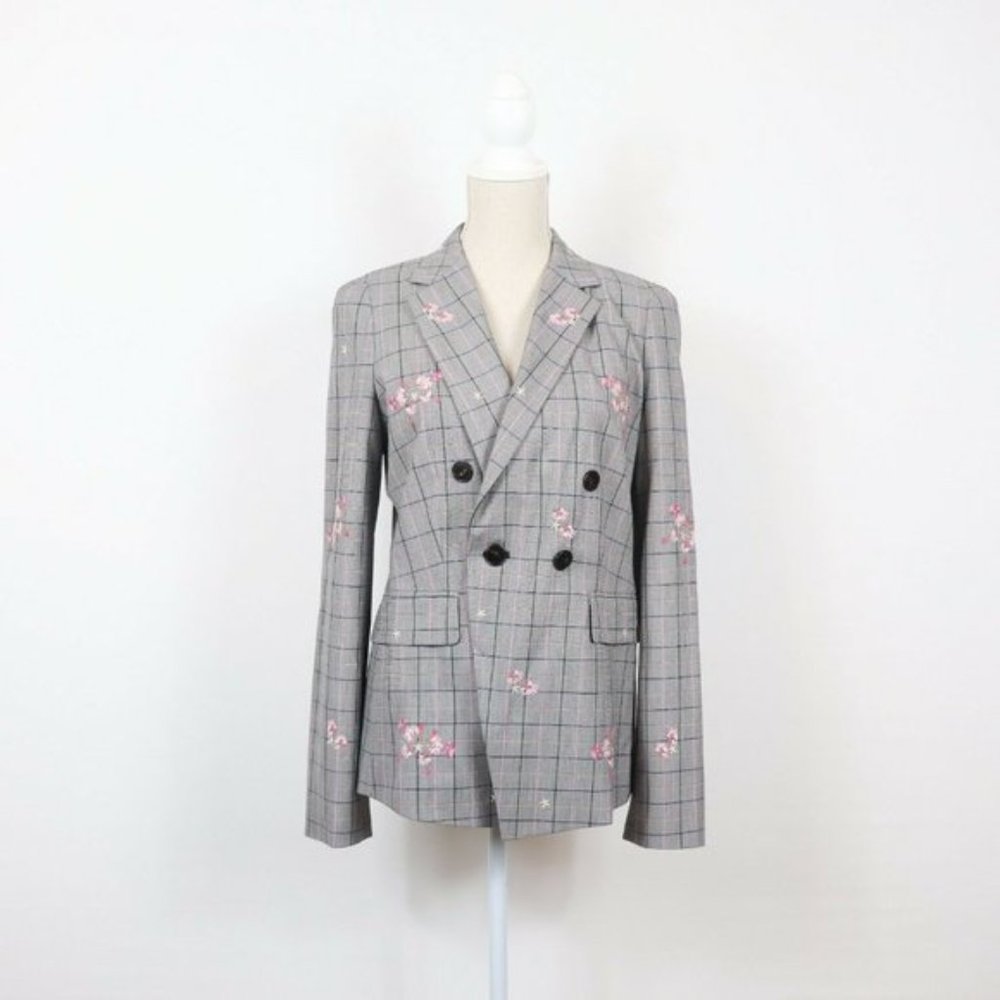 Marella Taiga Floral-Embroidered Plaid Jacket, Size 8